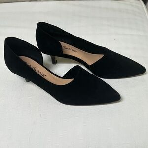Kitten Heel Black Suede D’Orsay Pumps, Size 8.5